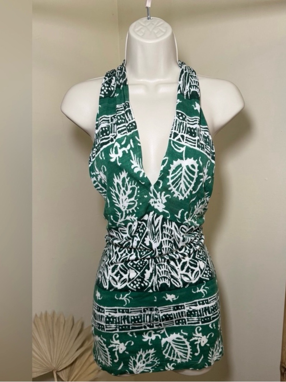 Green & White Halter Tropical Print Dress